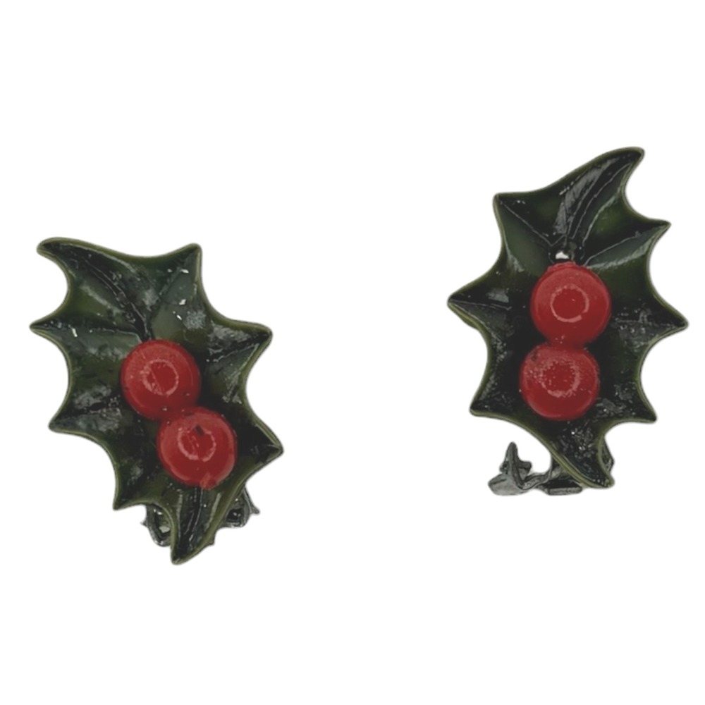 Vintage Clip On Earrings Enamel Green Red Holly Berry Christmas Holiday